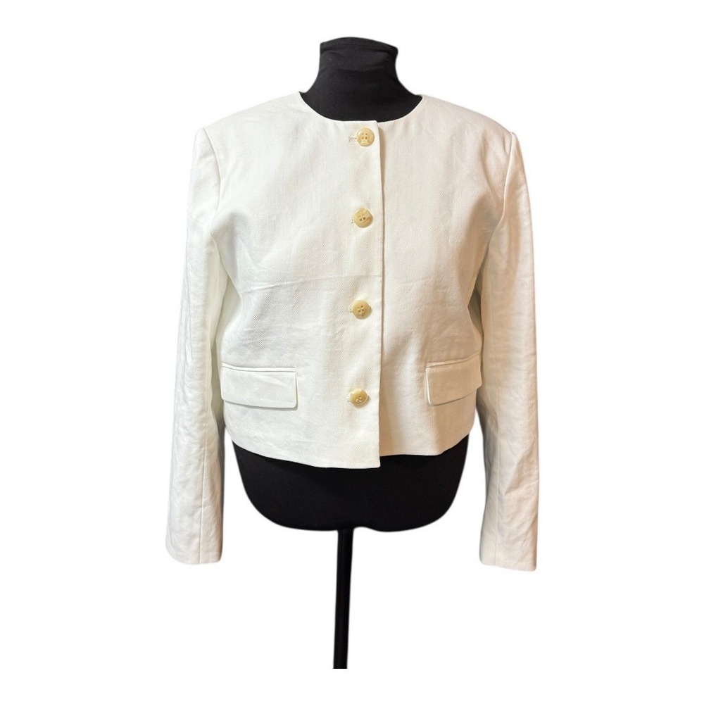 Ann‎ Taylor White Linen Blend Cropped Collarless Jacket Womens Size 16 Blazer